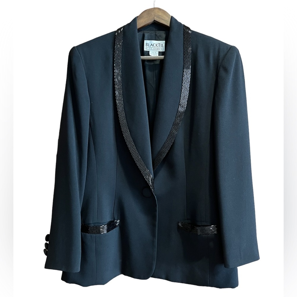 Vintage 80s 90s Black Tie Oleg Cassini Embellished Beaded Blazer Suit Jacket L